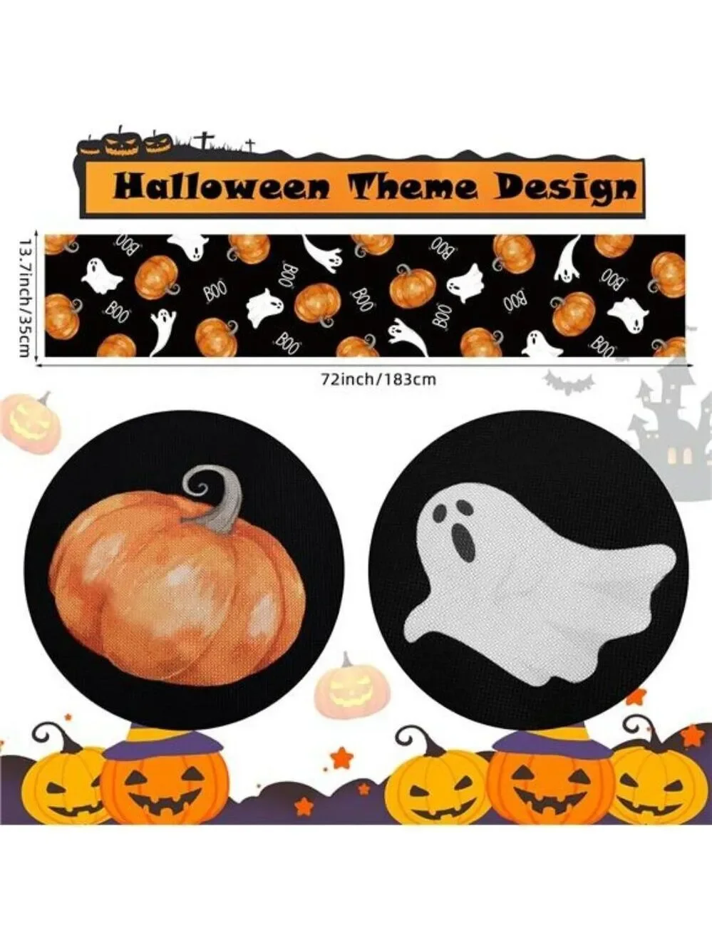 Halloween table runner ghost pumpkin black holiday party dining room decor 72 in